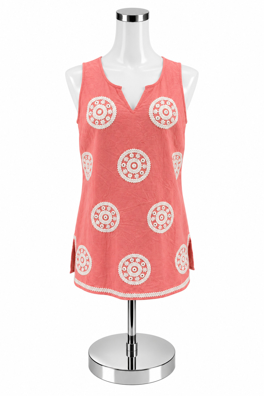 Mud Pie Boho Crochet Circle Tunic Top Coral White Cotton Size S NWT